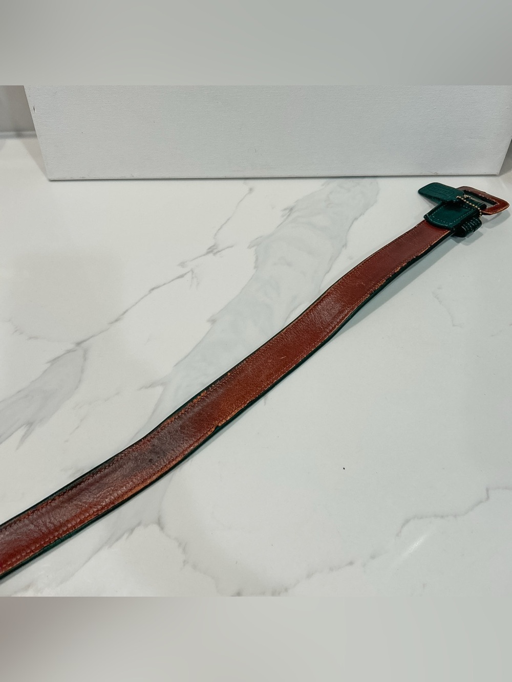 Vintage Coach Leather Belt Dark Green Size Large Waist 28-32 With Green Hangtag - Picture 9 of 9
